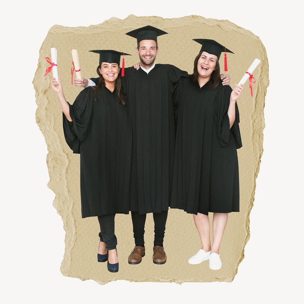Smiling graduates, ripped paper collage element