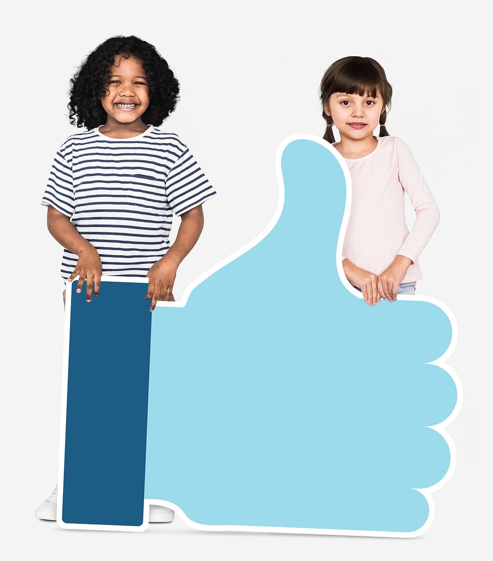 Kids holding a blue thumbs up icon