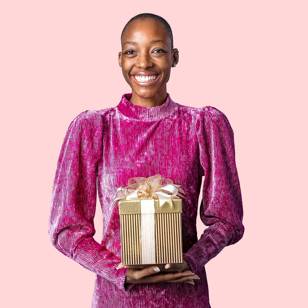 Happy black woman holding a gift box mockup