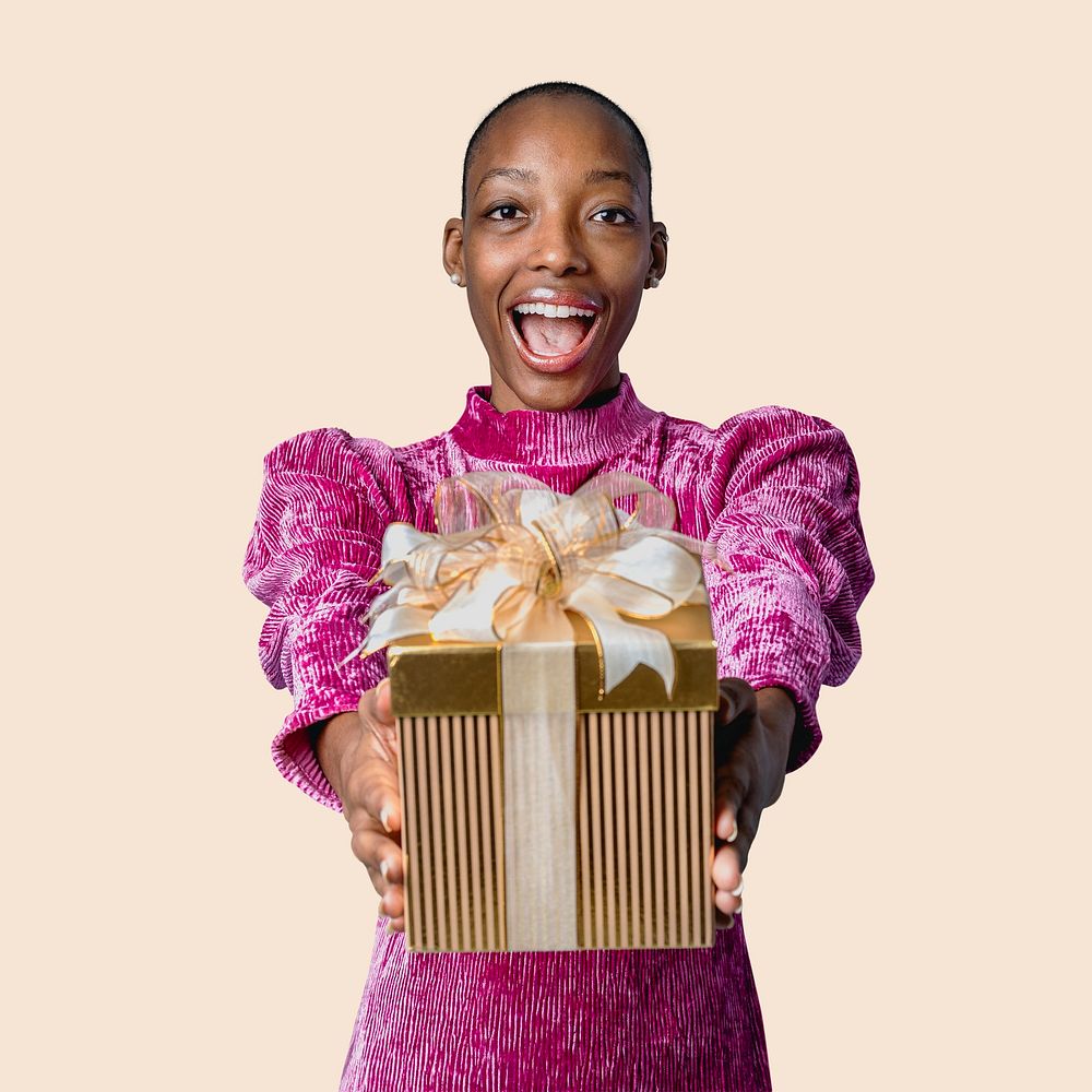 Happy black woman giving a present mockup