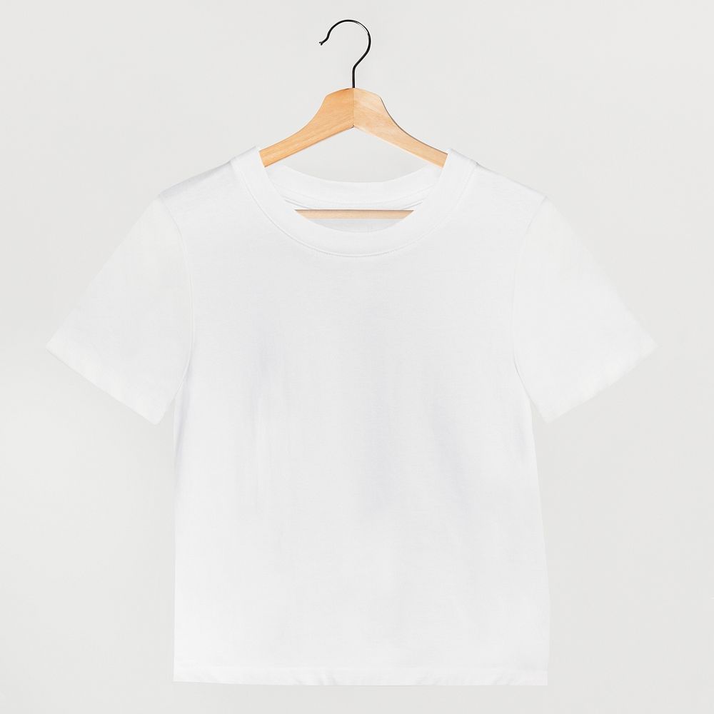 Simple white t-shirt on a wooden hanger 