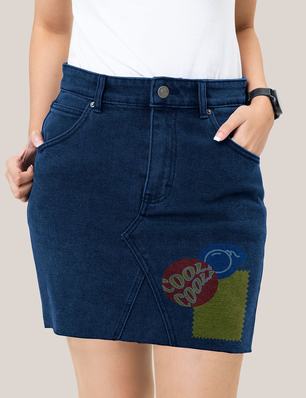 Woman in denim skirt front view stylish fashion photoshoot close up