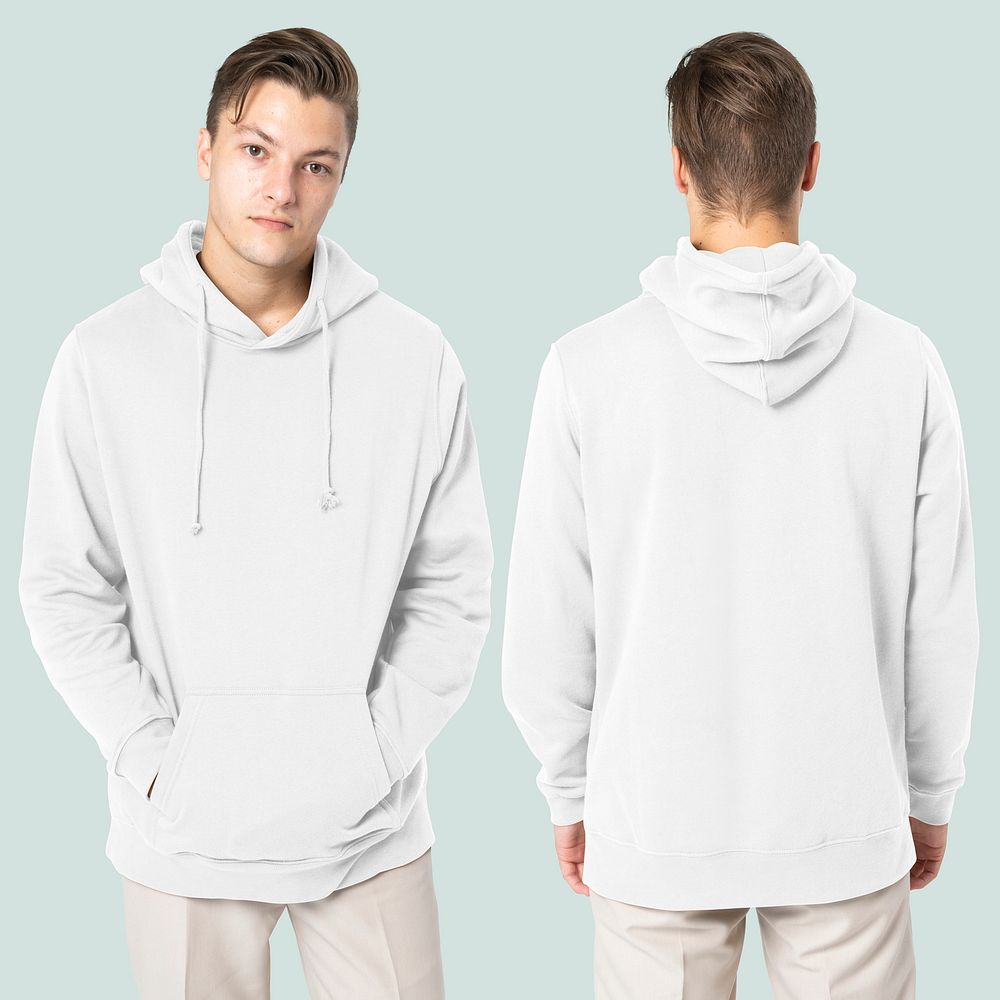 Handsome man wearing white hoodie for winter fashion studio shoot rear view