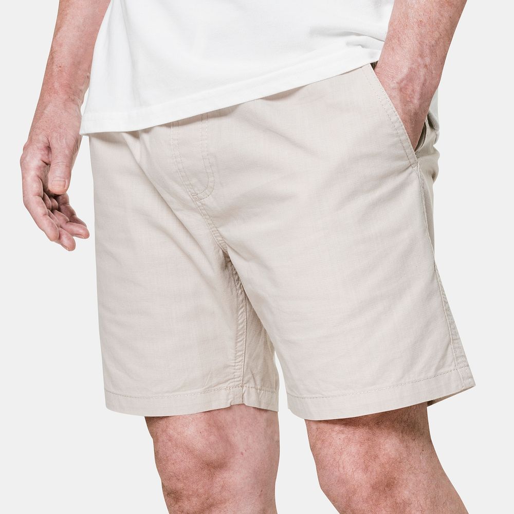 Man wearing beige shorts close-up