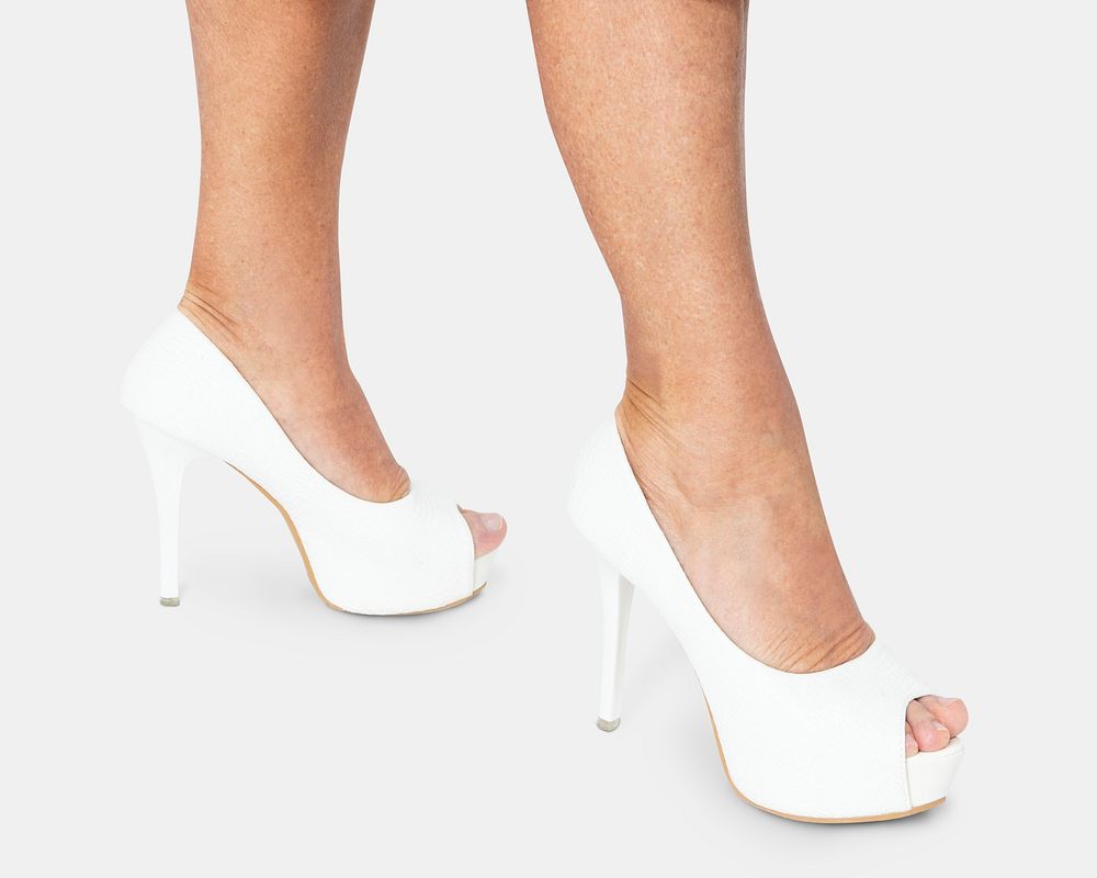Women&rsquo;s white platform heels for business apparel shoot with design space