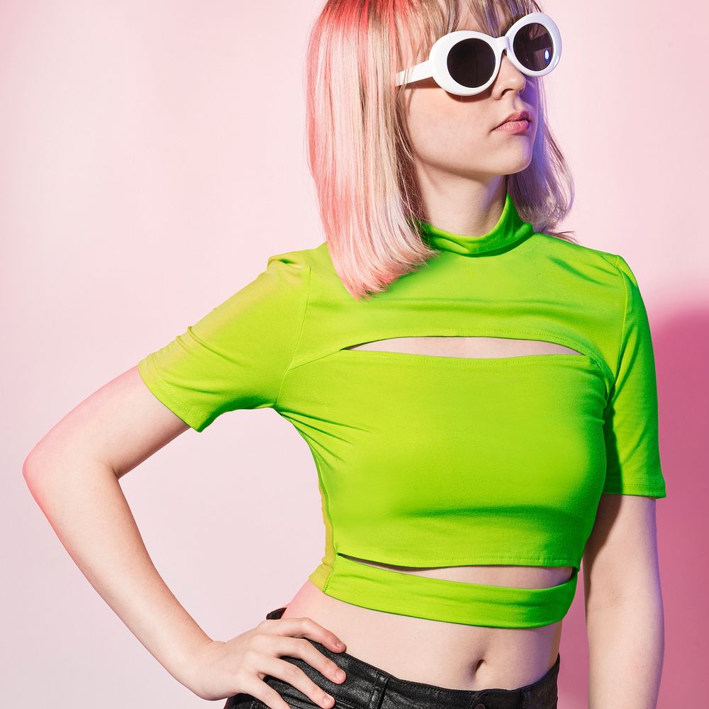 Cool teenage girl in neon green bandage crop top street apparel photoshoot