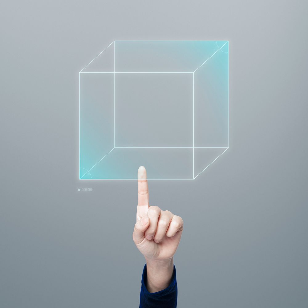Hand pointing at cubic hologram digital technology