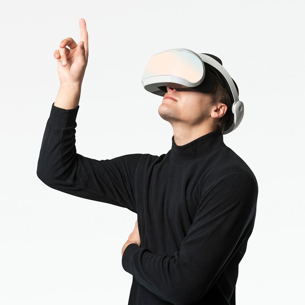Man with VR headset psd mockup pointing out