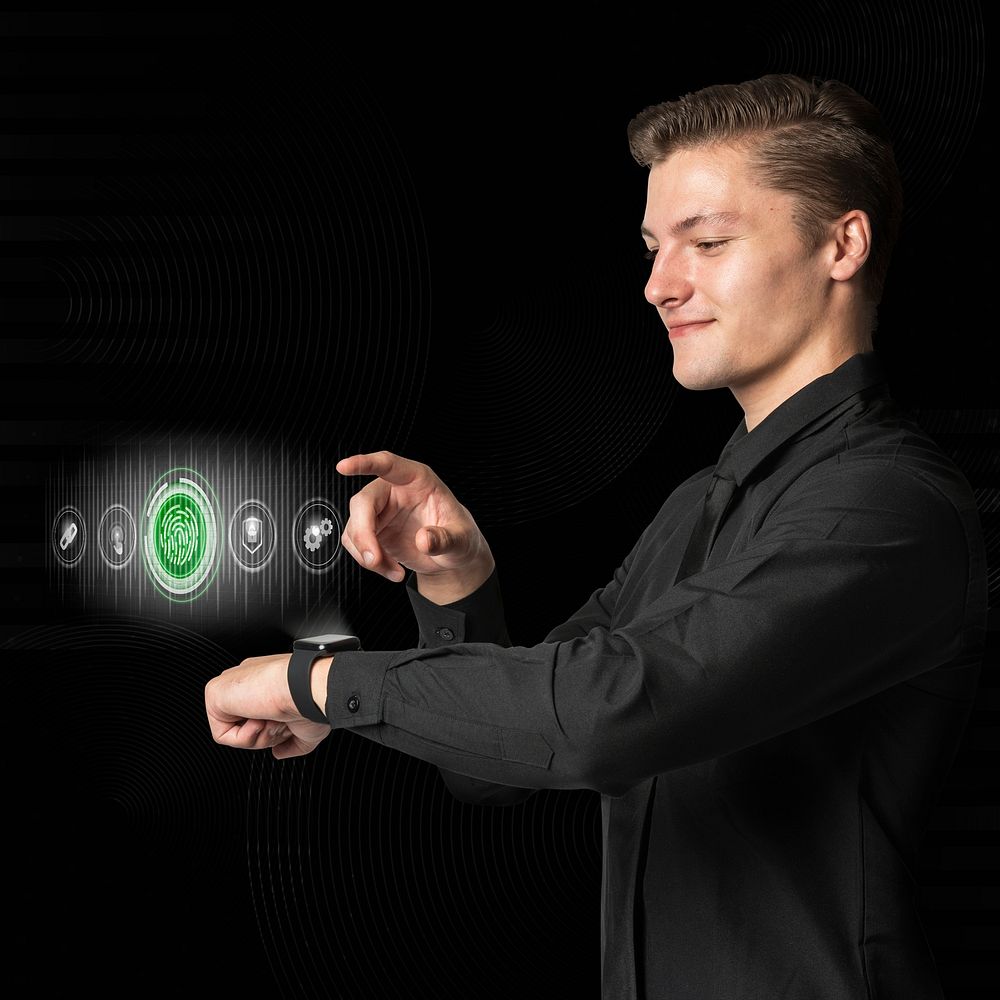Man touching holographic smartwatch psd mockup