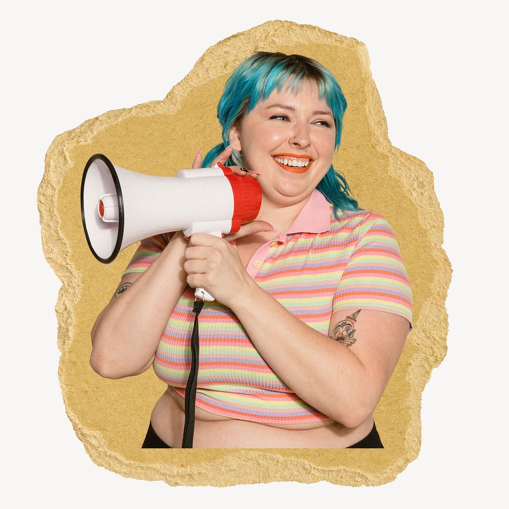 Woman holding megaphone, ripped paper collage element