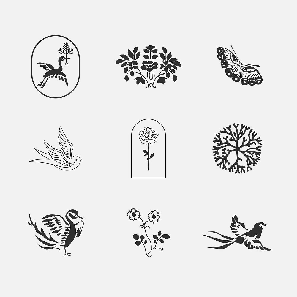 Natural branding with birds and flowers vintage illustrations set