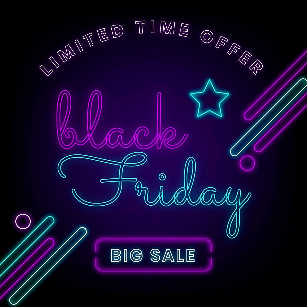 Vector Black Friday neon glow sale announcement template