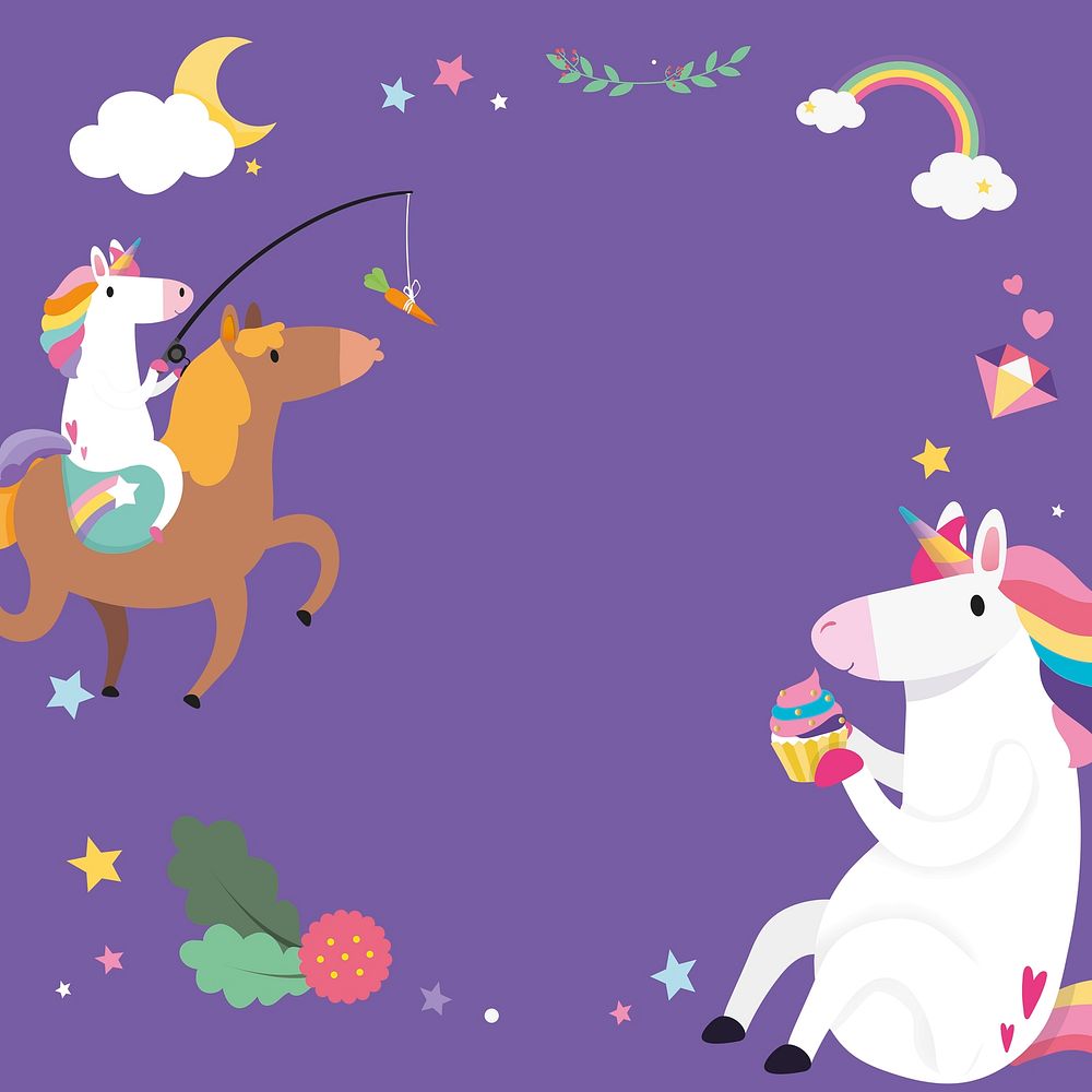 Cute unicorn frame on purple background for kids