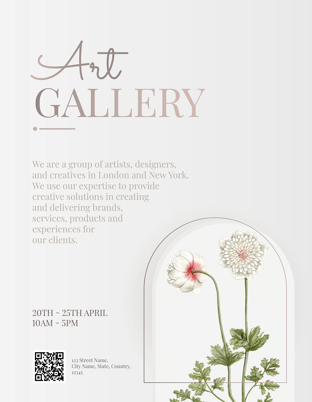 Art gallery flyer template vector editable design with white flowers