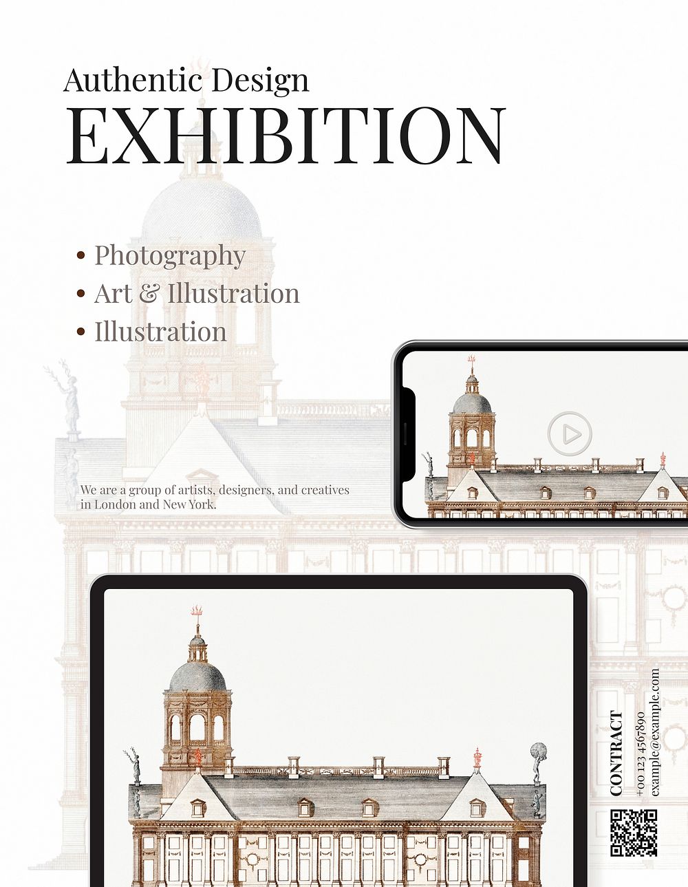 Art exhibition flyer template vector editable design in minimal theme with digital device