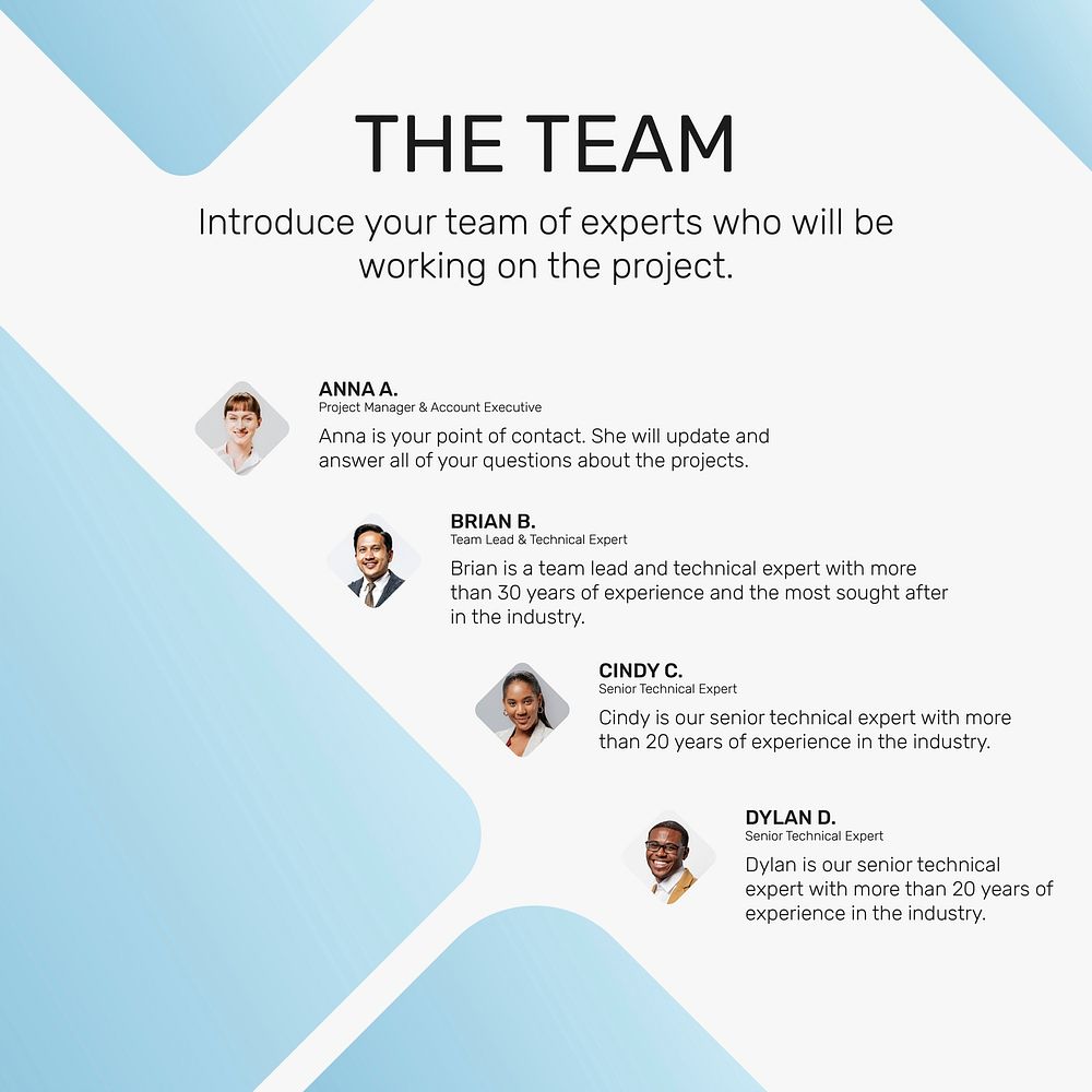 Business company presentation slide template vector with team introduction topic social media post