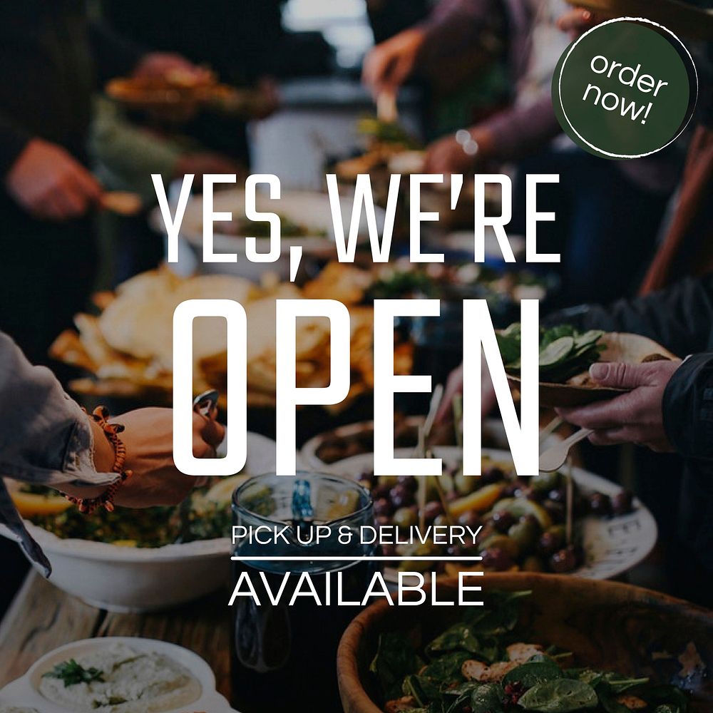 Restaurant business template vector for social media with &ldquo;yes, we&rsquo;re open&rdquo;