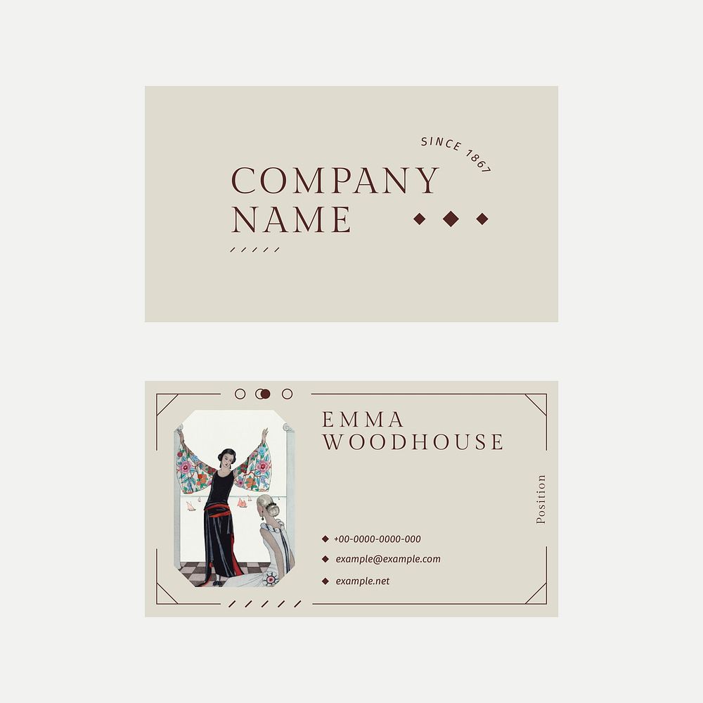 Vintage fashion template vector business card, remix from artworks by George Barbier