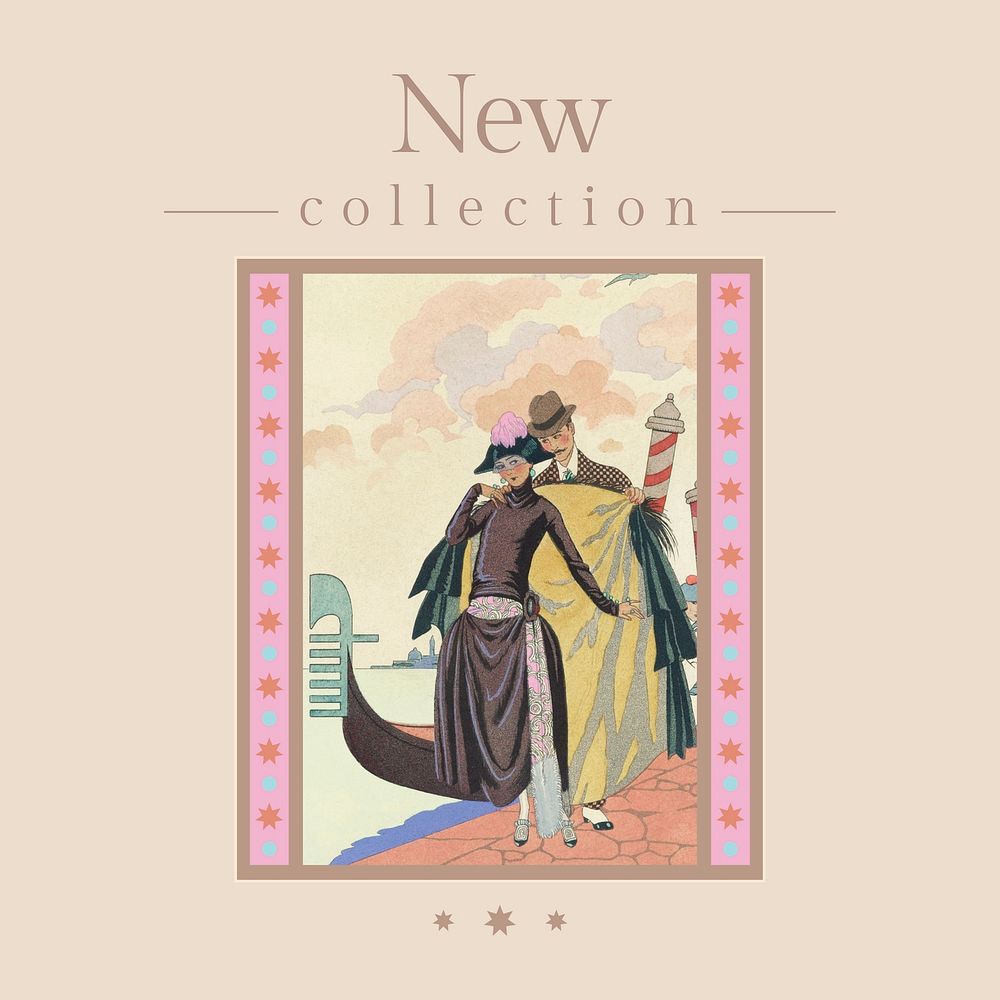 Vintage new fashion collection template vector for a social media post, remix from artworks by George Barbier