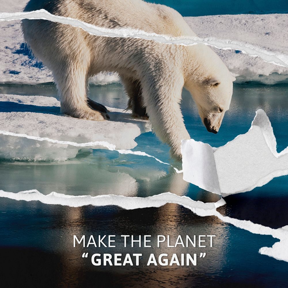 Global warming awareness with ripped polar bear background