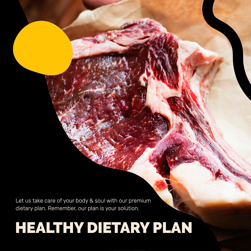 Healthy diet template vector with raw meat marketing lifestyle social media post in abstract memphis design