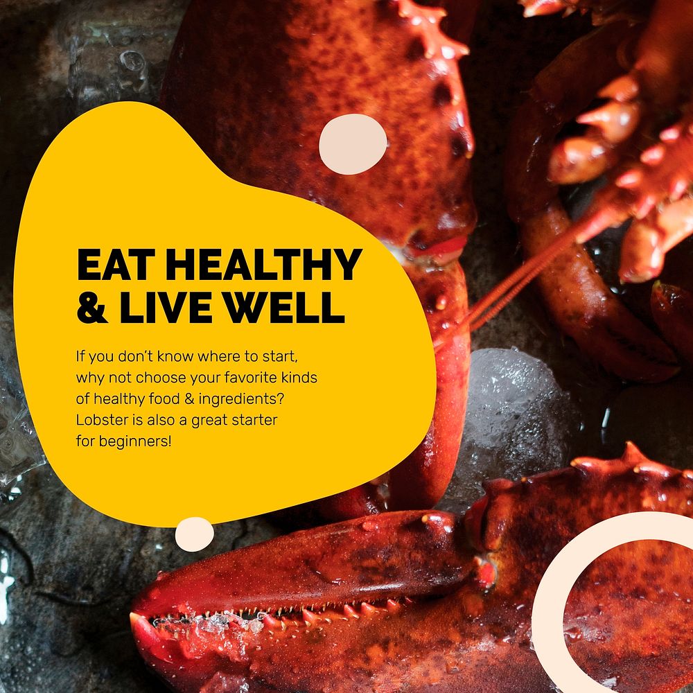 Healthy food template vector with seafood marketing lifestyle social media post in abstract memphis design