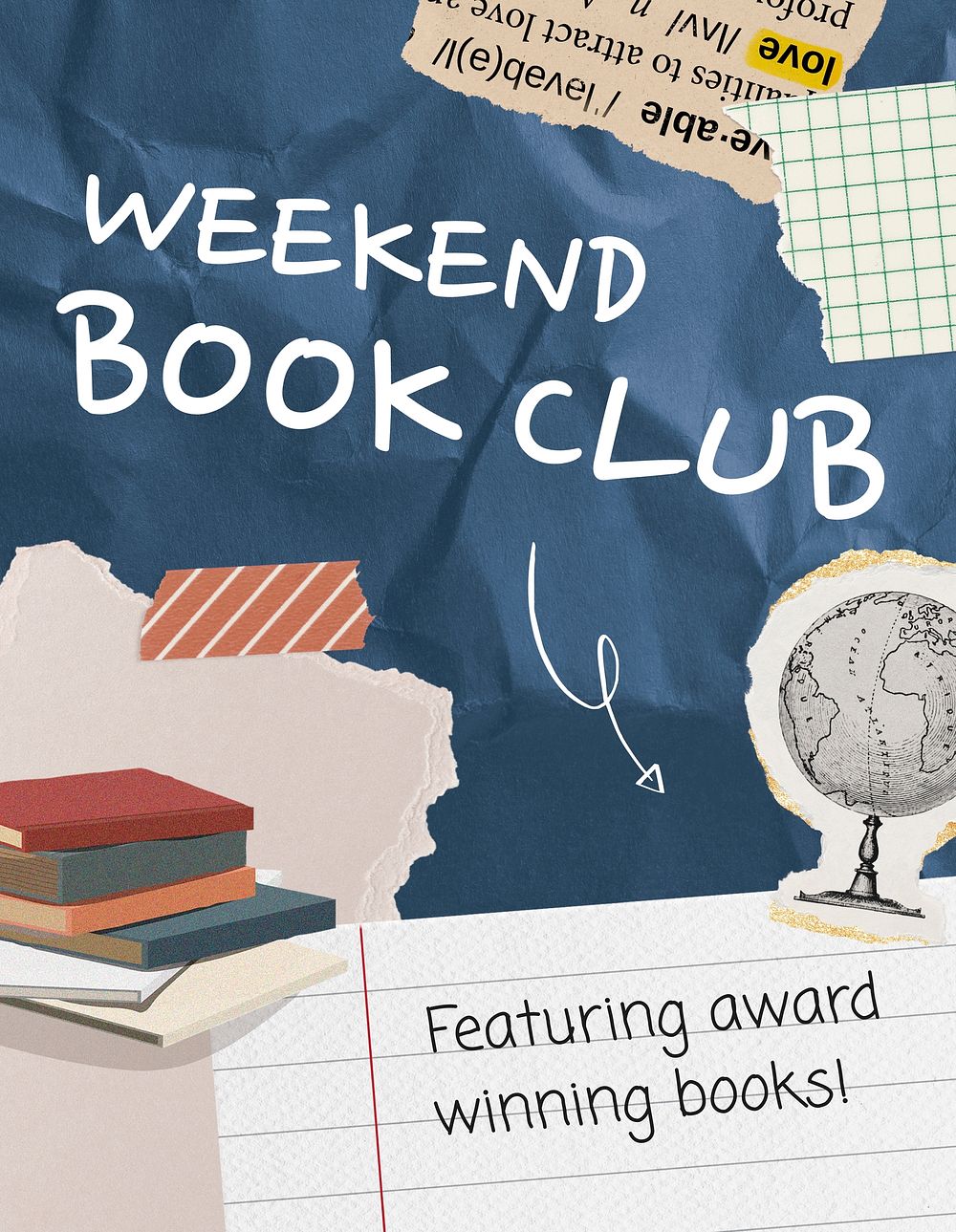 Book club flyer template, paper collage design psd