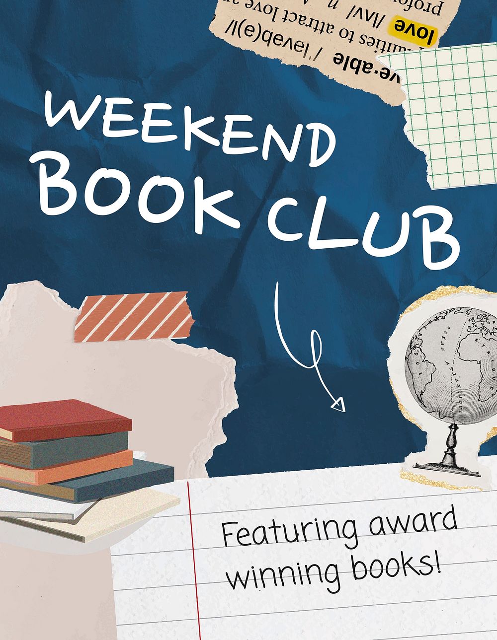 Book club flyer template, paper collage design vector