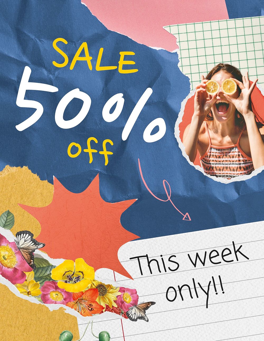 Sale flyer template, promotion ad paper collage psd
