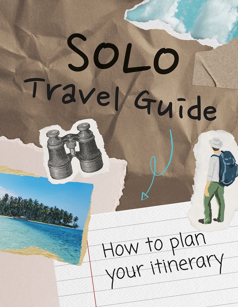 Solo travel flyer template, paper collage design psd