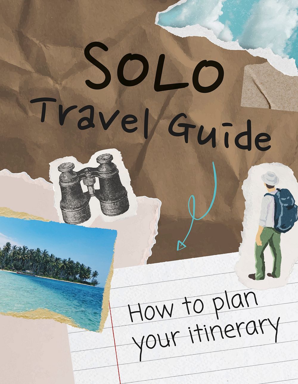 Solo travel flyer template, paper collage design vector