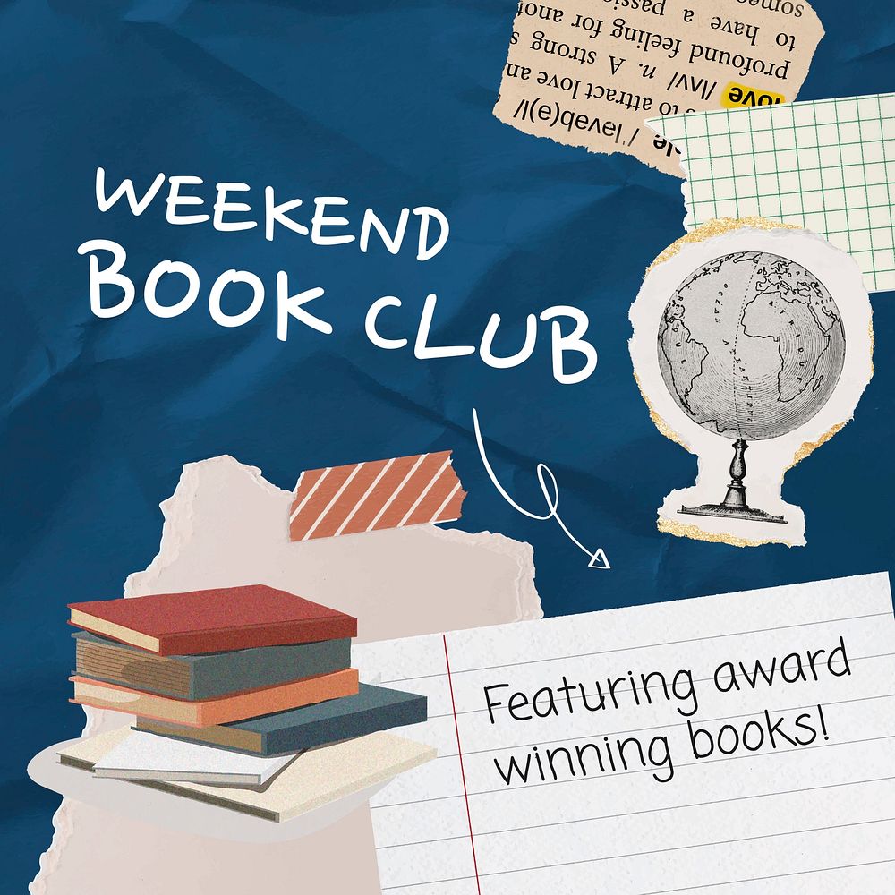 Book club Instagram post template, paper collage design vector