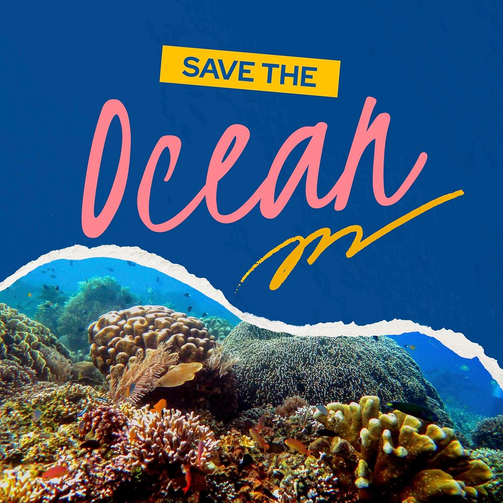 Save ocean Instagram post template, environmental campaign vector