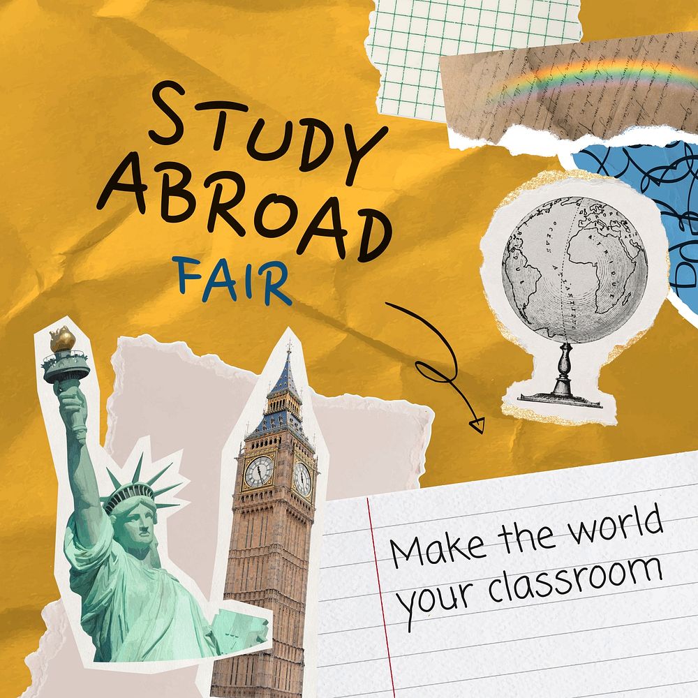 Study abroad Instagram post template, paper collage design vector