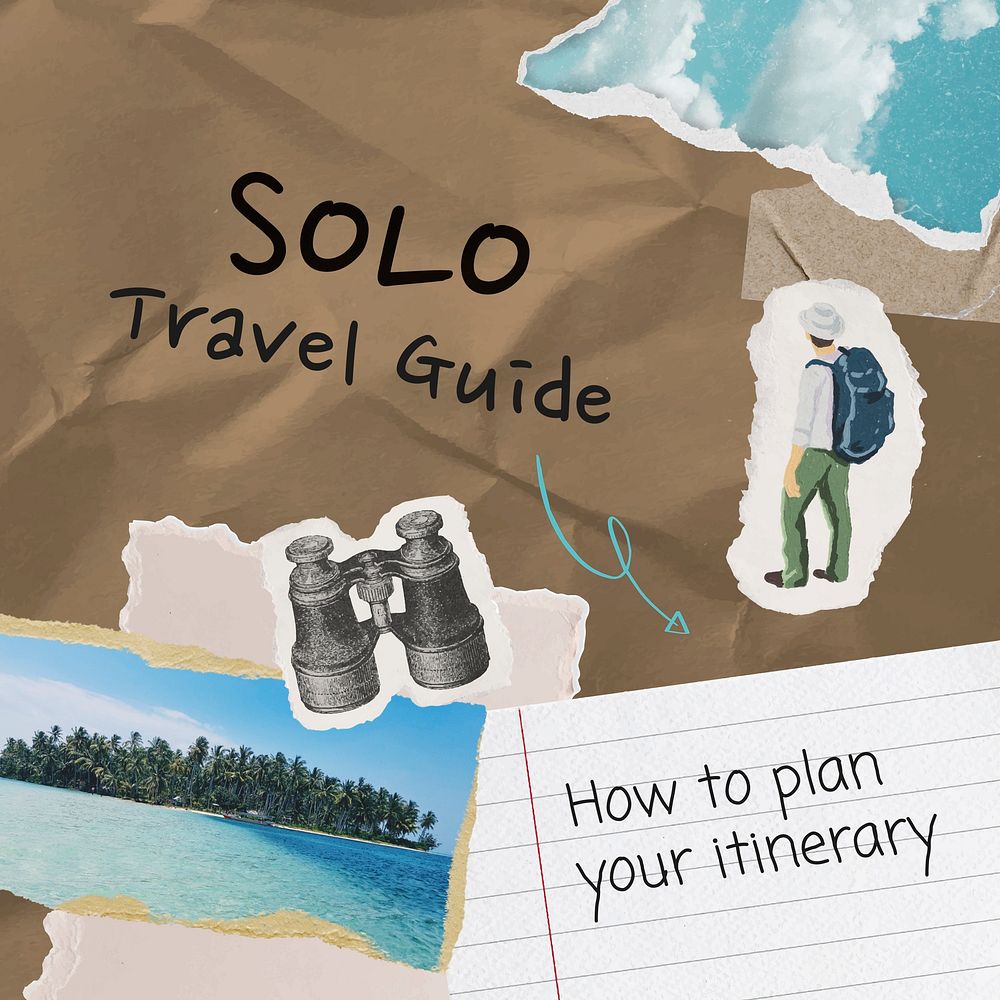 Solo travel Instagram post template, paper collage design vector