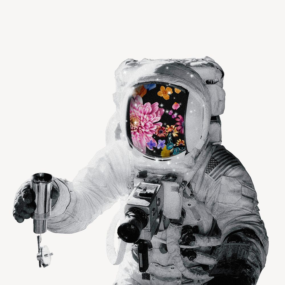 Surreal astronaut, floral helmet, aesthetic design psd
