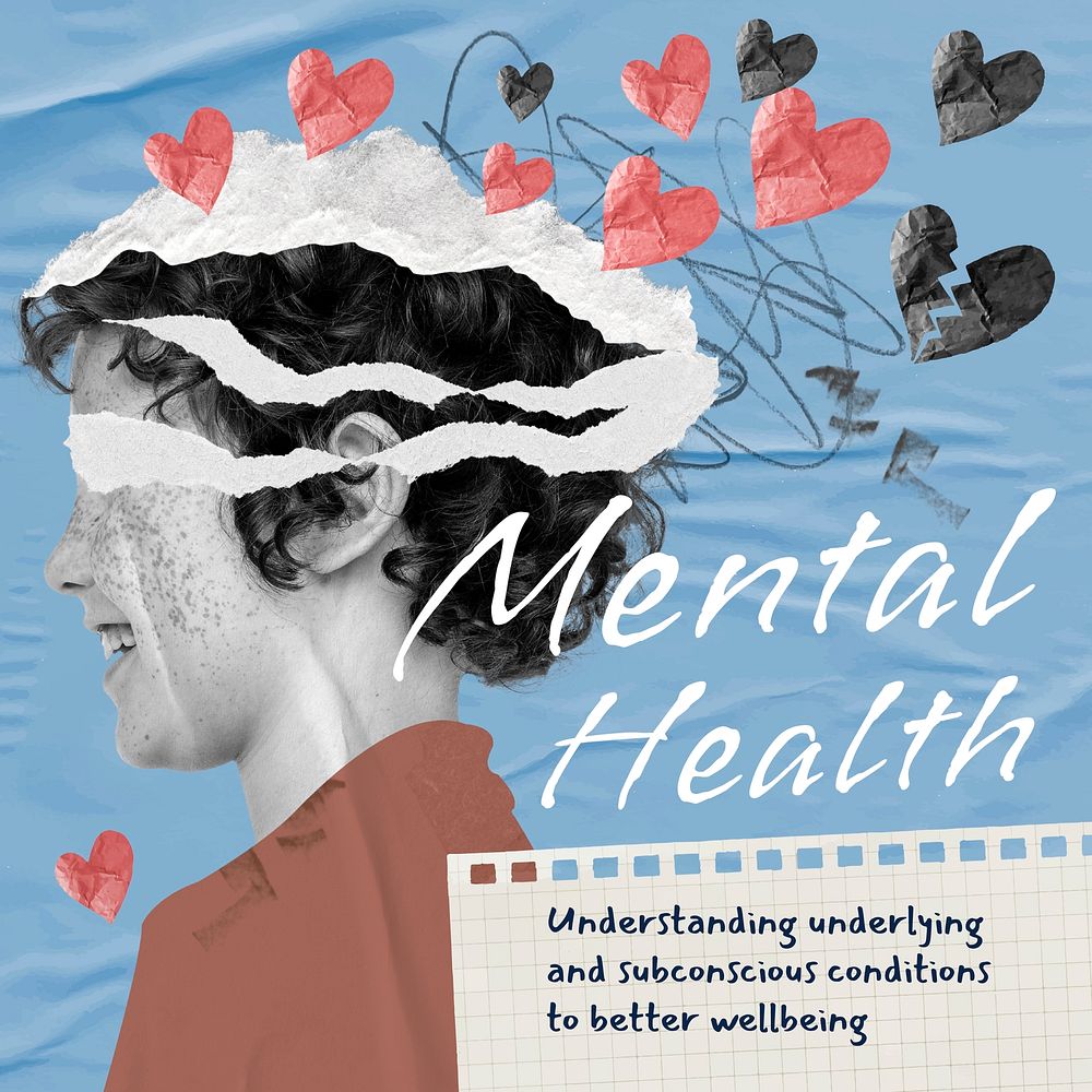 Mental health Instagram post template, surreal paper collage vector