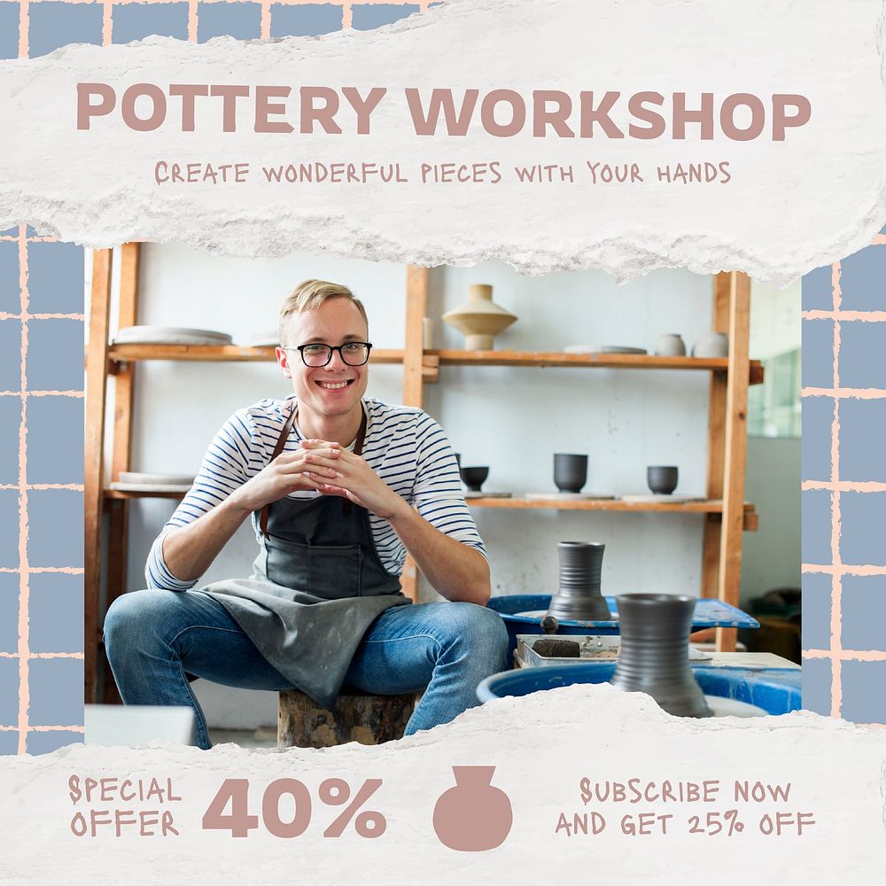 Pottery workshop social media  template, editable promotion design vector