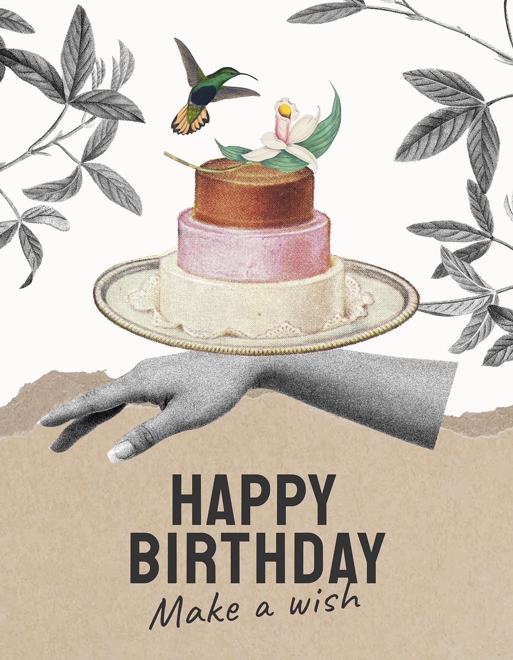 Vintage birthday flyer template, cake illustration psd