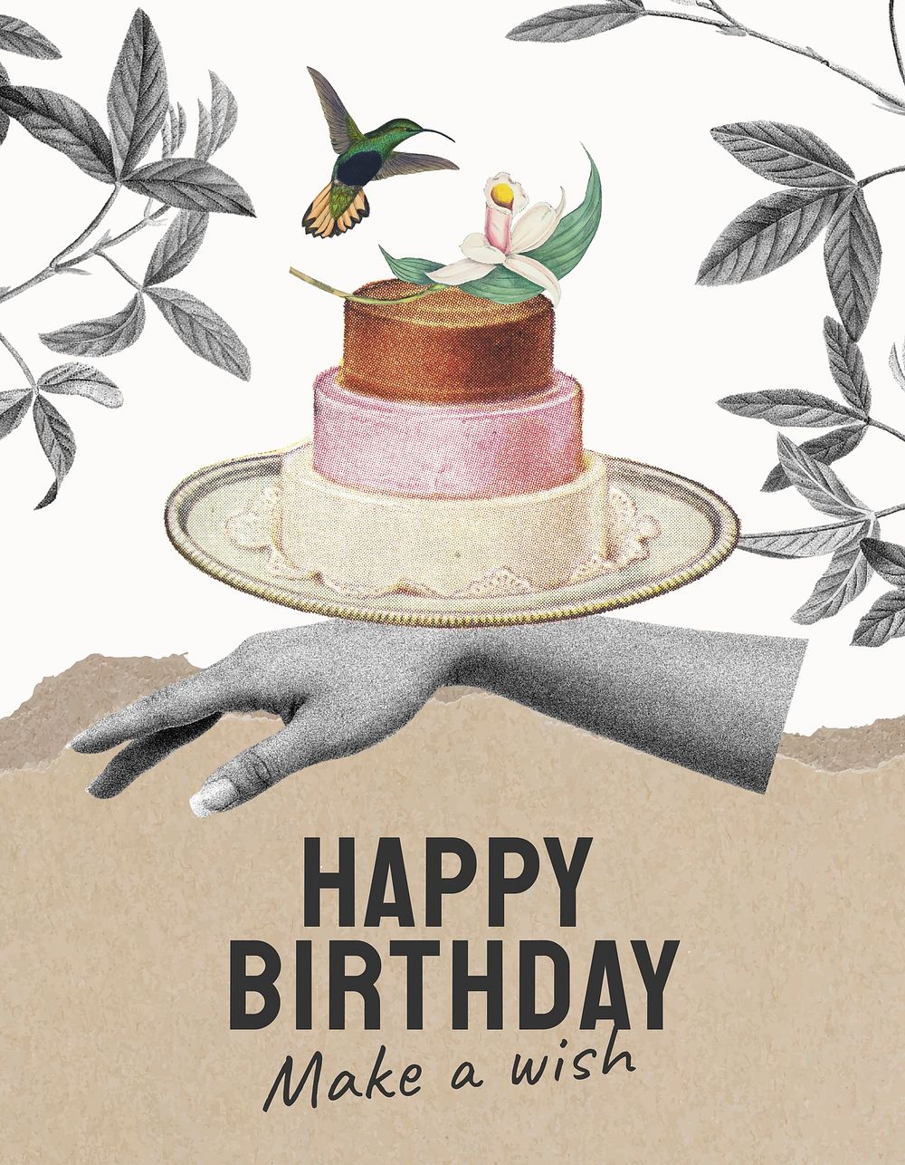 Vintage birthday flyer template, cake illustration vector