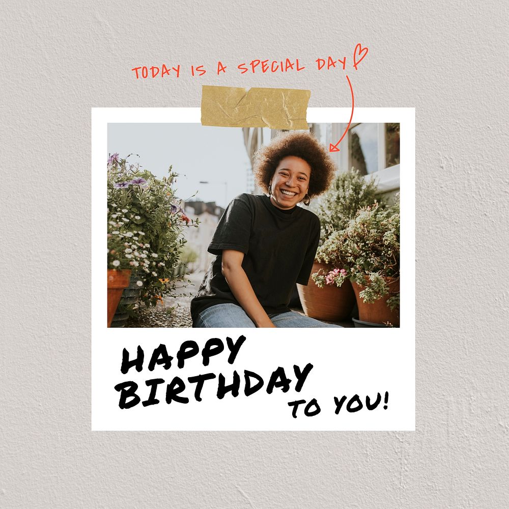 Happy Birthday Instagram post template, instant photo film frame vector