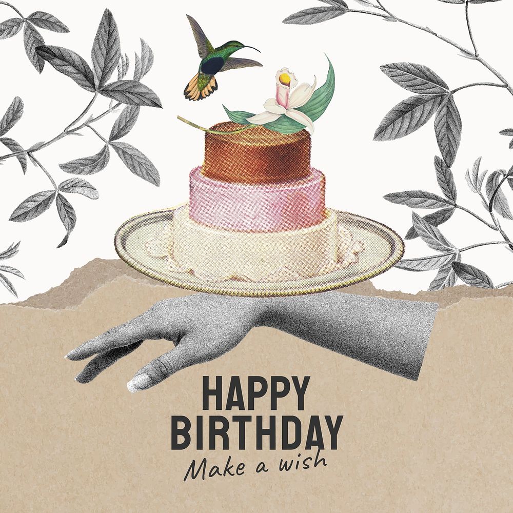Vintage birthday Instagram post template, cake illustration vector