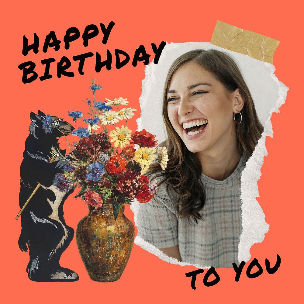 Happy Birthday Instagram post template, ripped paper frame vector