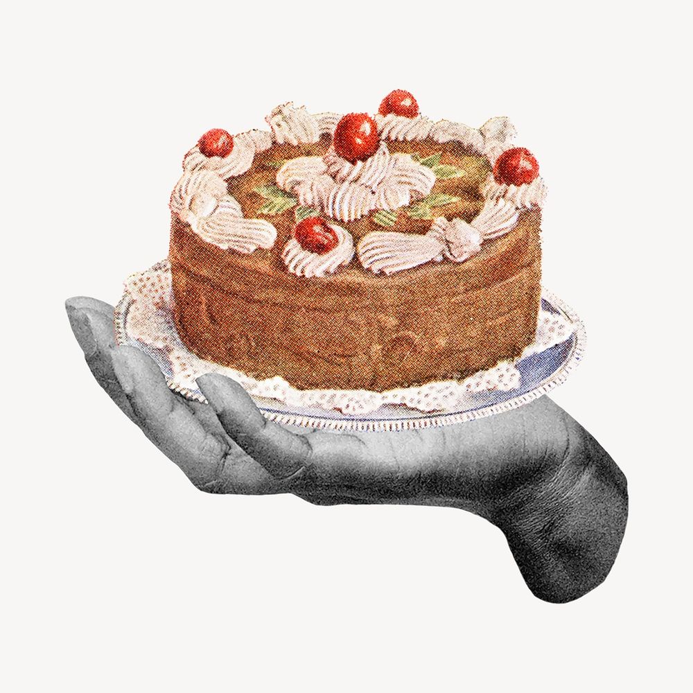 Hand holding birthday cake, vintage remix vector