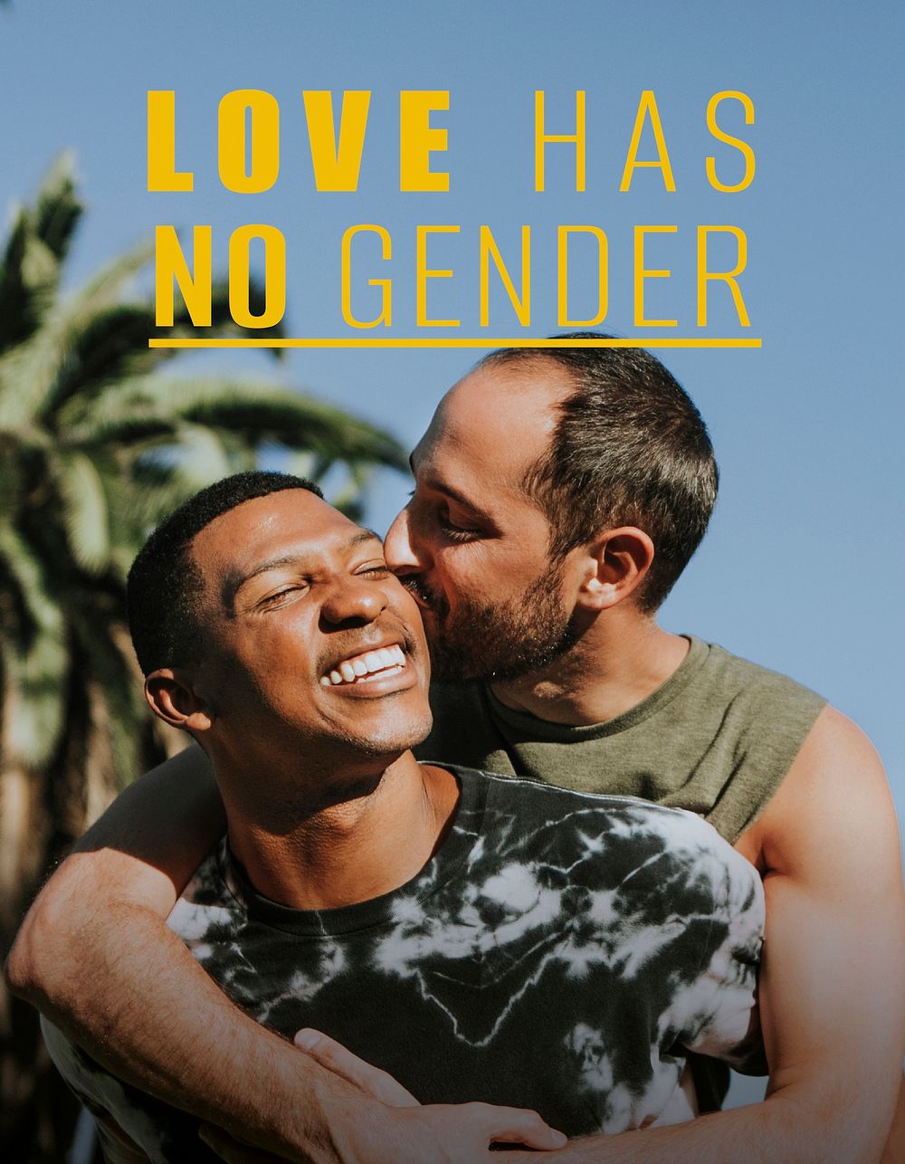 LGBTQ couple flyer template, love has no gender quote vector