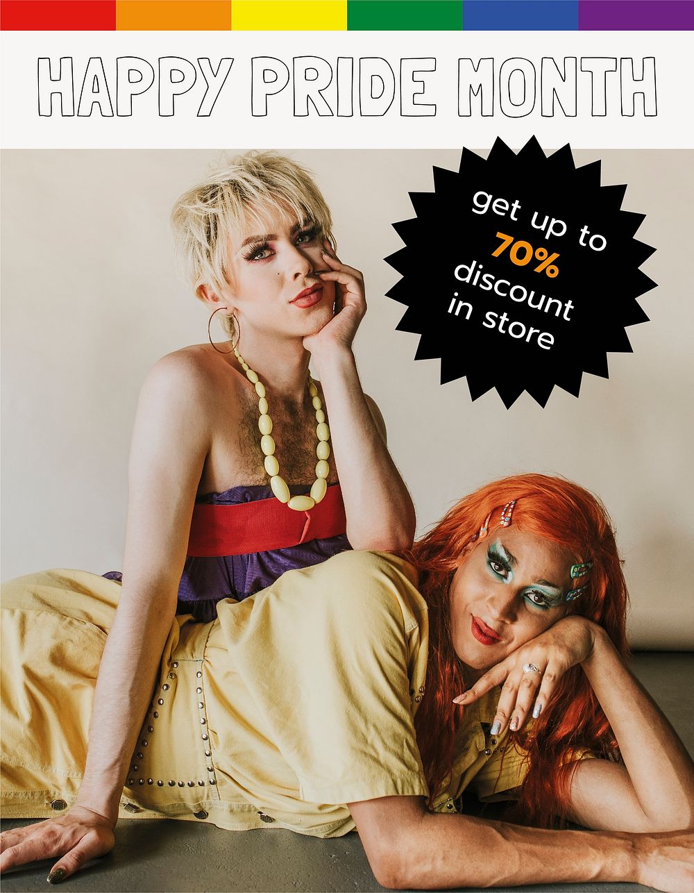Pride month sale flyer template, drag queens photo vector