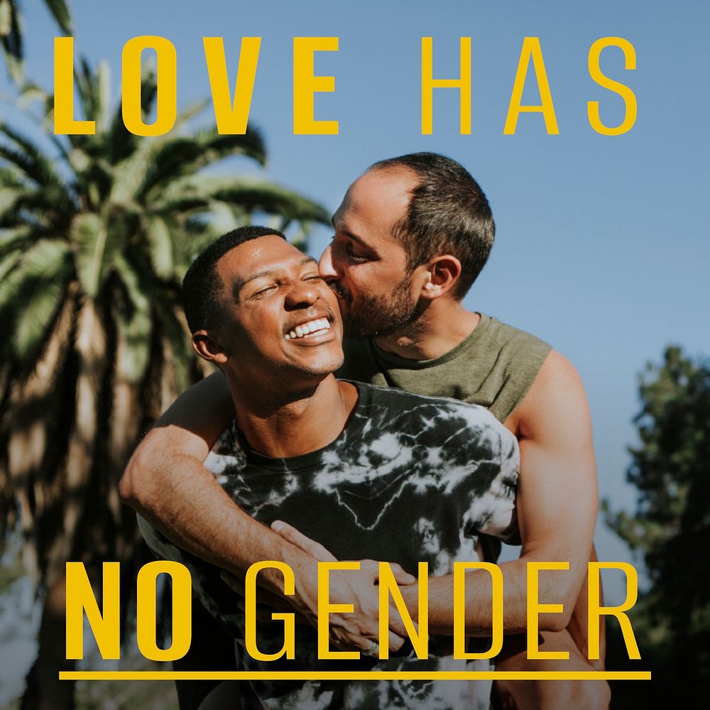 LGBTQ couple Instagram post template, love has no gender quote vector
