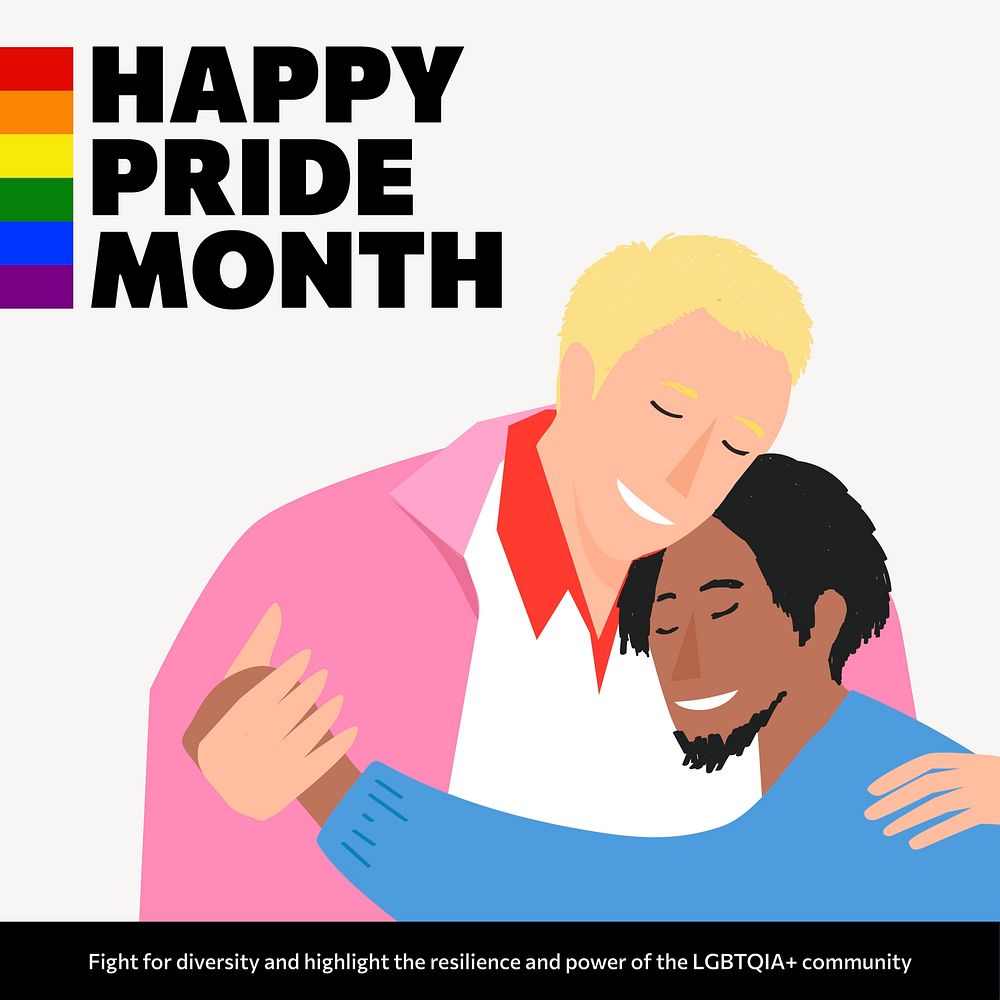 Pride Month Instagram post template, gay couple illustration vector