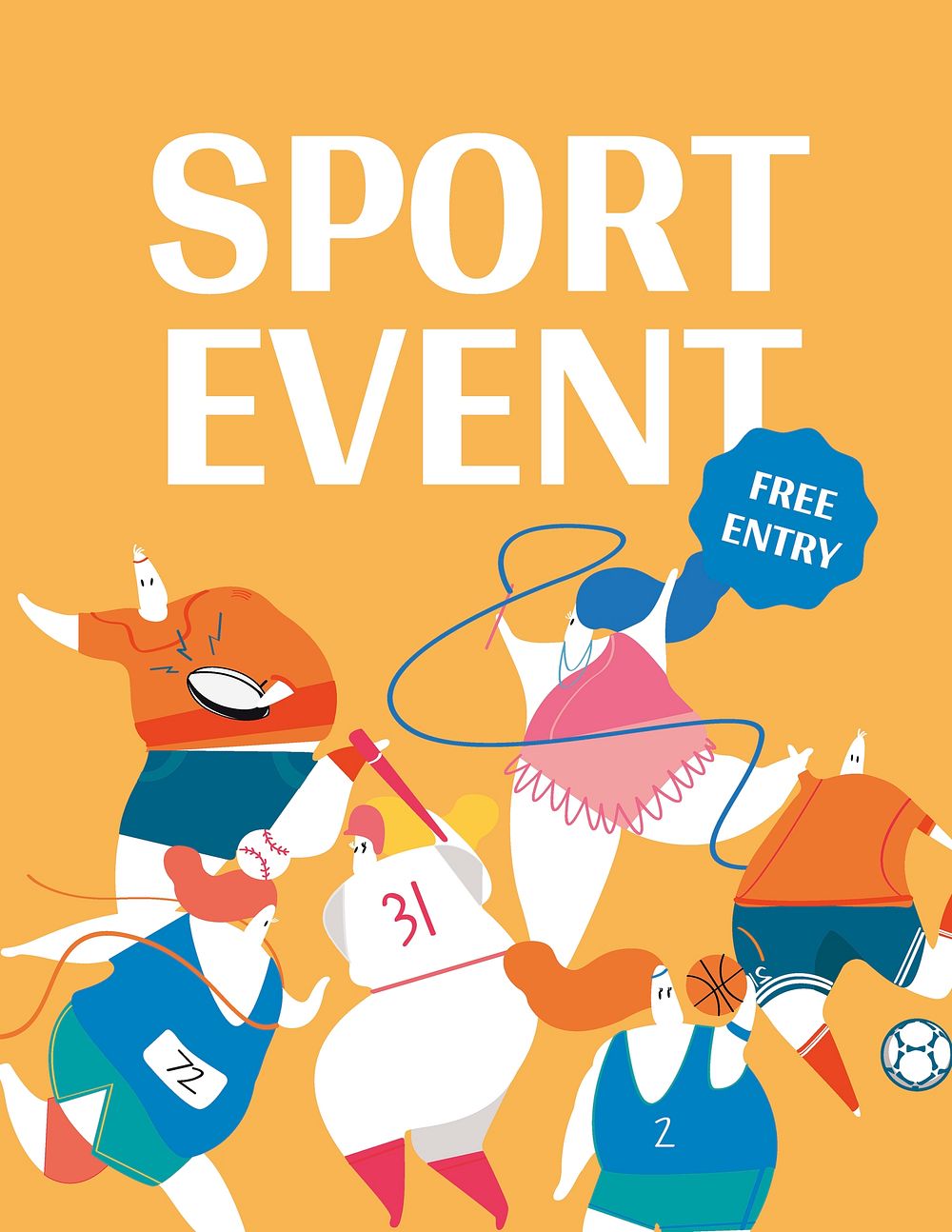 Sport event flyer template, cute athlete illustration vector