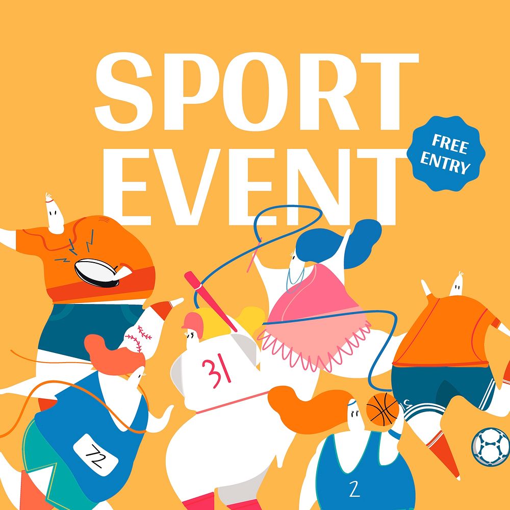 Sport event Instagram post template, cute athlete illustration vector